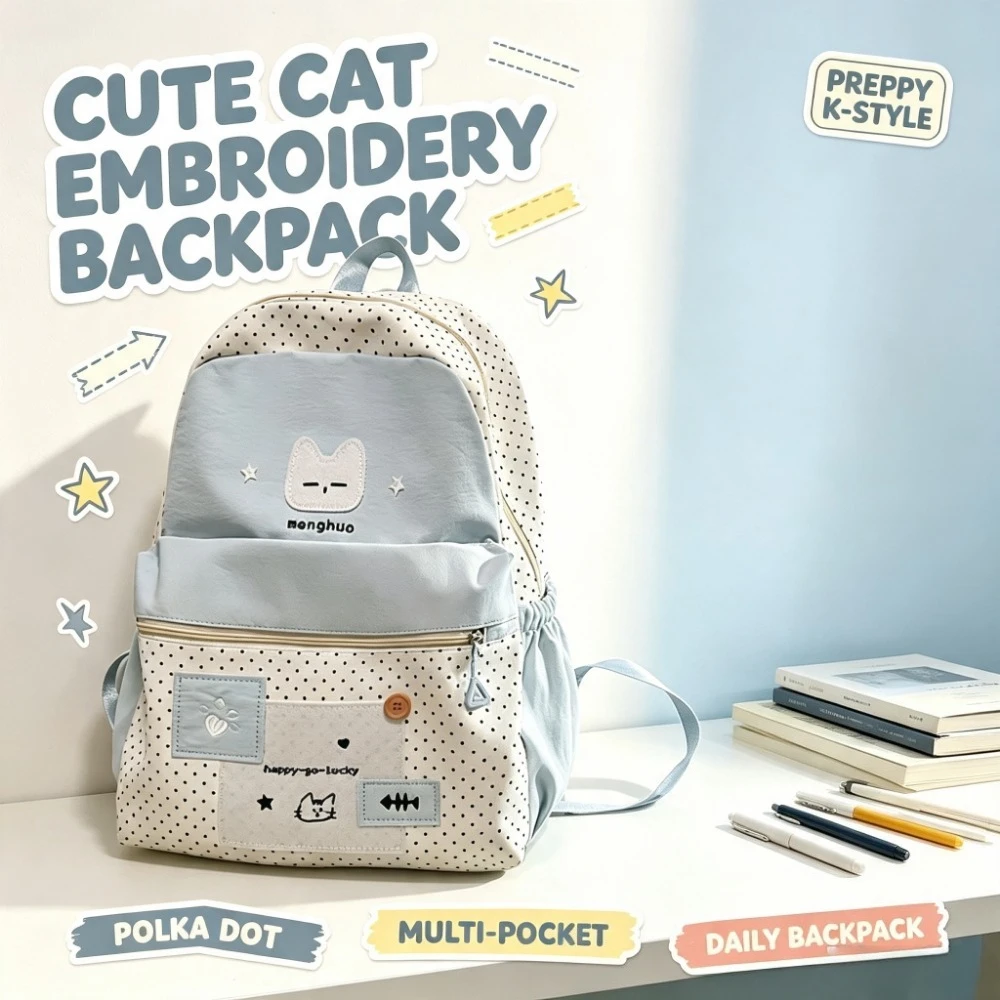 2026 Preppy Y2K Aesthetic Backpack Korean Sweet Kawaii Dot Cat Embroidery Schoolbag Trendy All‑Match Student Backpack for Women