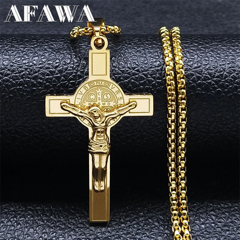 Saint Benedict Cspb Necklace for Women Men Stainless Steel Gold Color Jesus Crucifix Chain Jewery san benito acero inoxidable