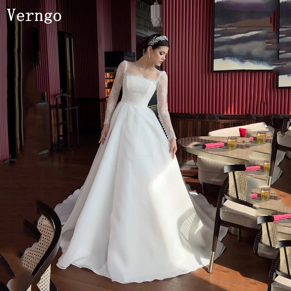 

Verngo lvory Organza Wedding Dress O Neck Lace Sleeves A Line Bridal Gowns Women Elegant Modest Bride Dresses 2025 Customized