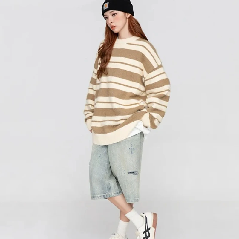 

Корейский женский полосатый пуловер, свободные теплые свитера, вязаные пуловеры с круглым вырезом, повседневный вязаный джемпер для женщин, осенняя футболка