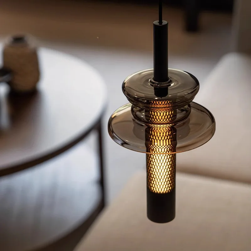 Italian High-end Luxury Atmosphere Small Pendant Lights Smoke Gray Glass Chandelier Restaurant Bedside Living Room Hanging Lamp