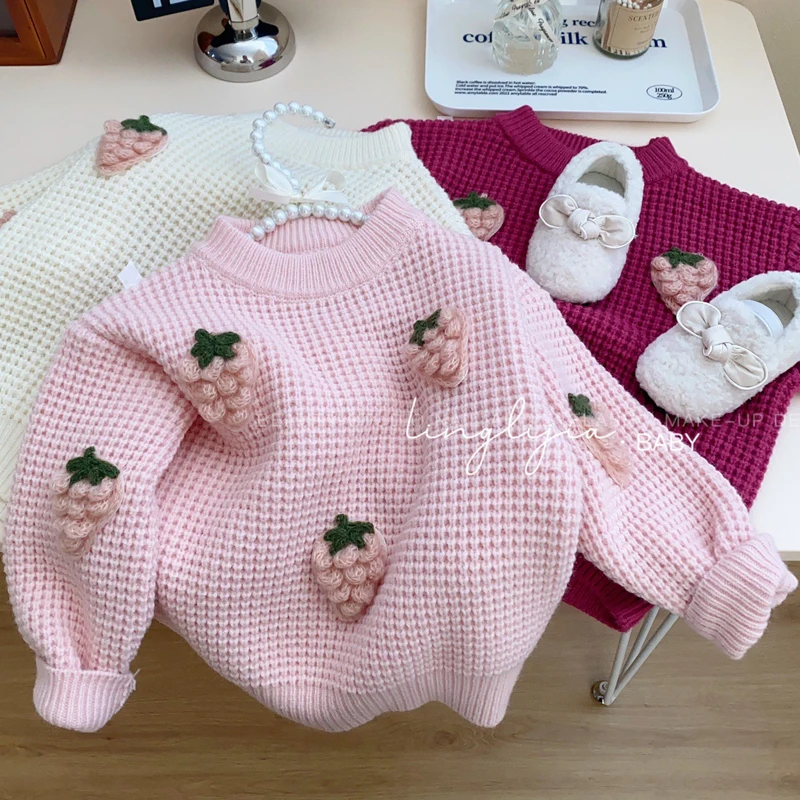 Autumn Winter New Girls Knit Cardigan Coat Strawberry Print Round Neck Sweater Bottoming Shirt For 2-6Y Kids Warm Knitted Jacket