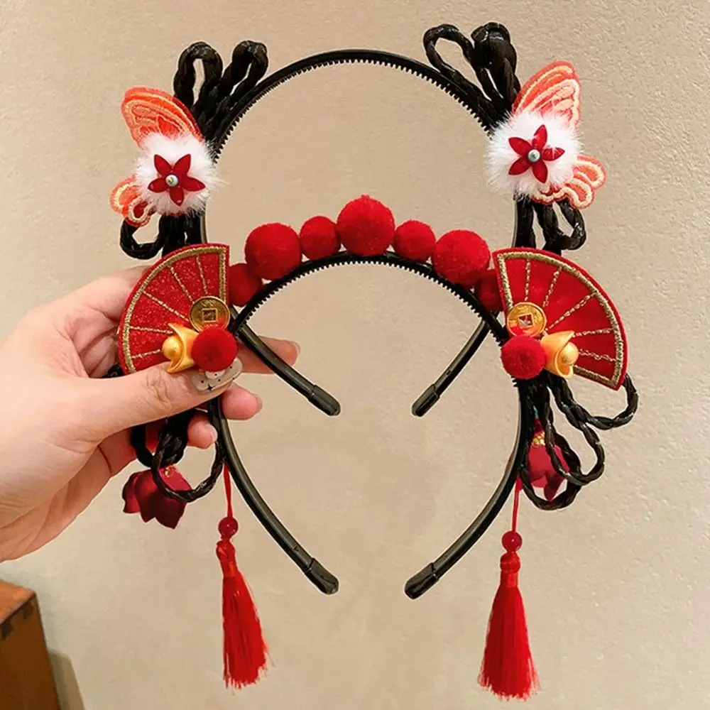 

Cute Flower Children Wig Headband Tassel Braid Hair Chinese New Year Headwear Girl Hair Accessories Red Bow Hairband Girls