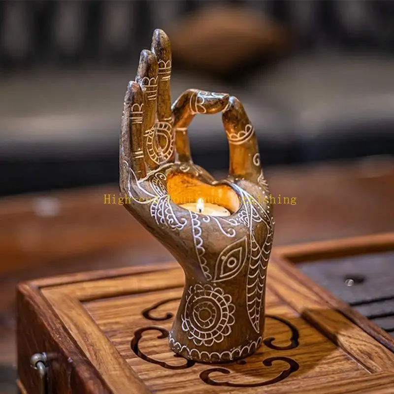 L9NB Yoga Figurines Holder Mudra Hand Tabletop Tealight Decor Resin Statues Collectible Gift Meditation Relaxing Home