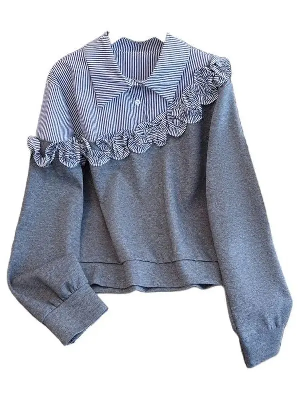 Striped irt oulder Patchwork Women's Sweatirt Spring 2026 New Sle Loose Fit Long Sve ort Length  Collar