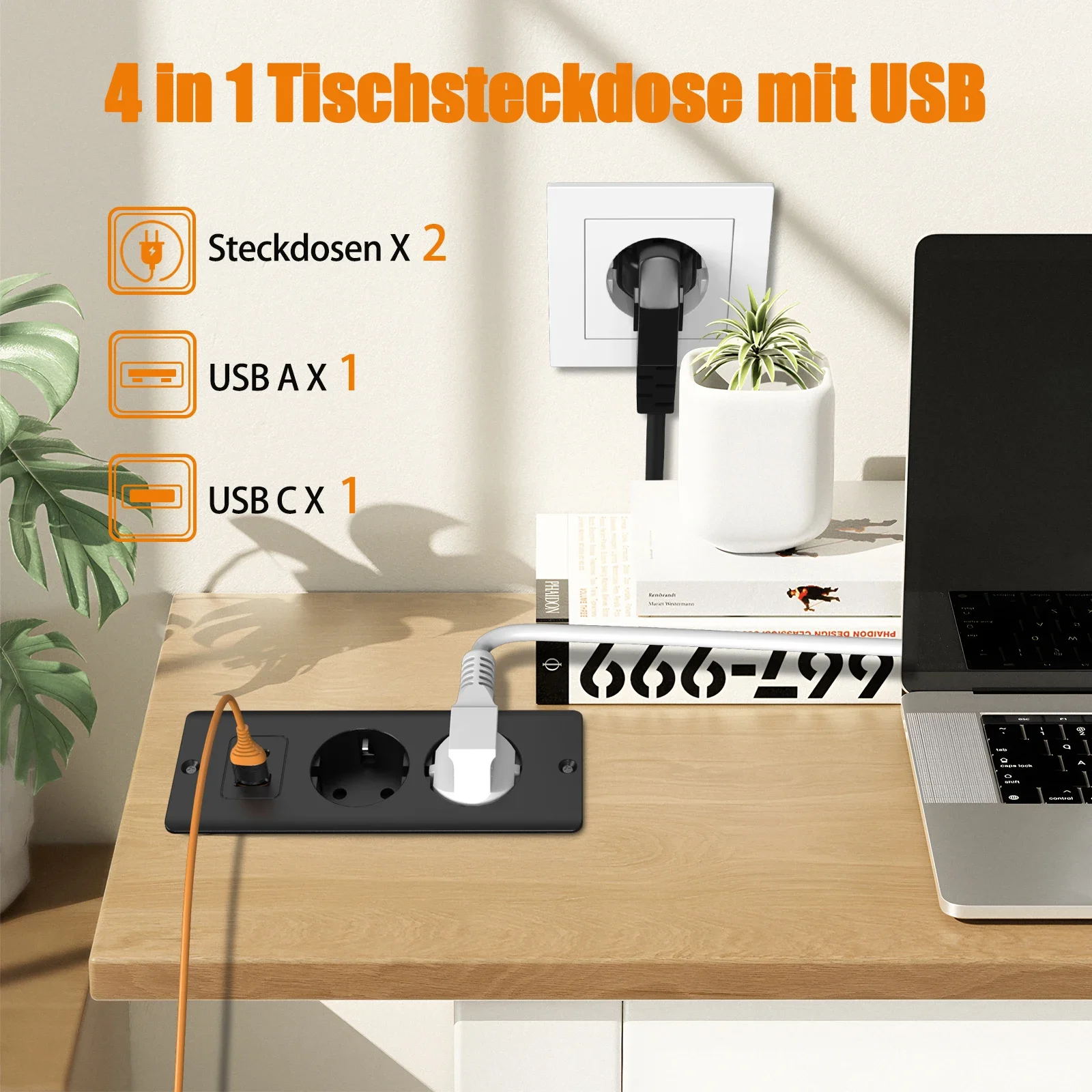 HITRENDS EU desktop built-in power strip 110~250V 2 AC power sockets 2 USB 1 Type-C desk power socket with 2m cable extension