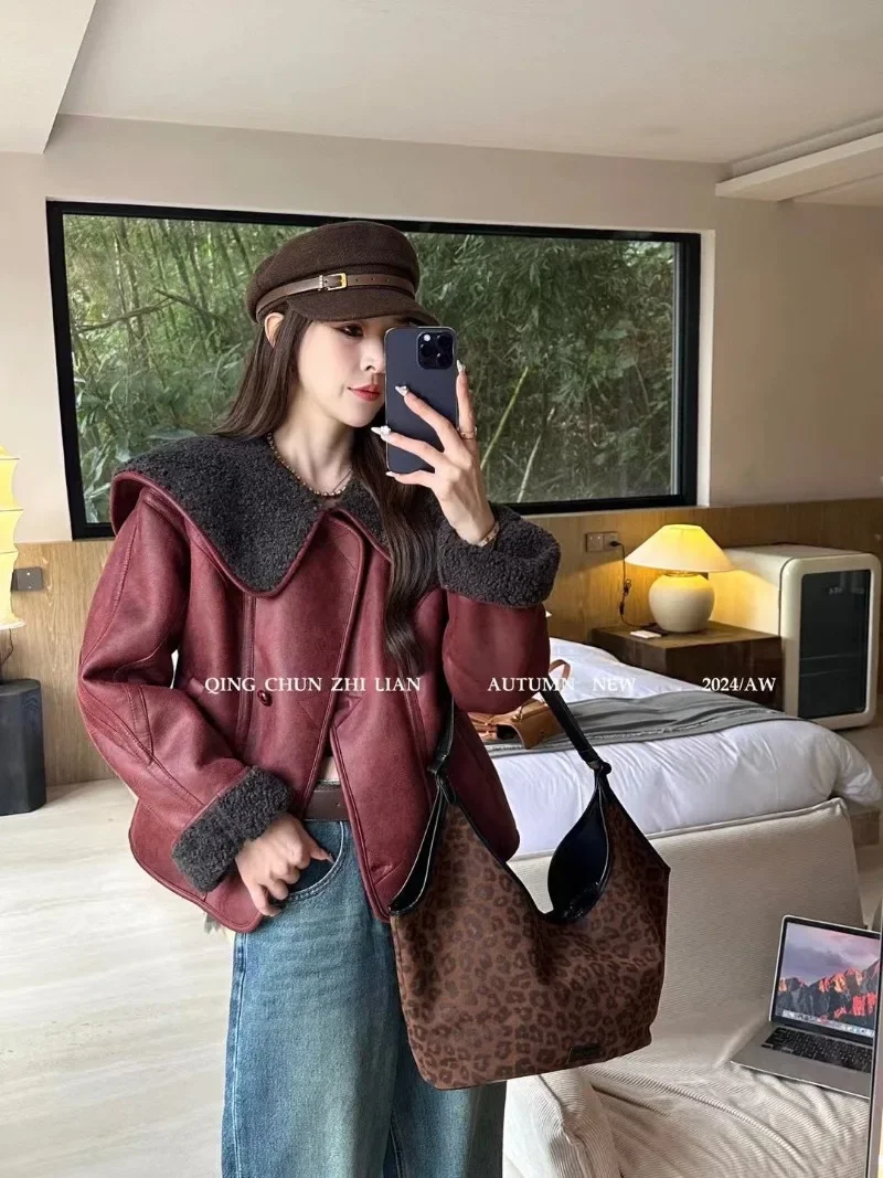 

Sweet Hot GirI Turn-down Collar Lamb Wool Coat Women's Autumn/winter Long-sleeved Double-sided Loose Jacket Female Clothes