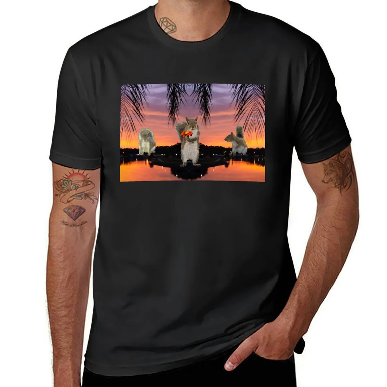 Squirrels at sunset through the palm silhouette T-Shirt sweat plus size tops fruit of the loom mens t shirts