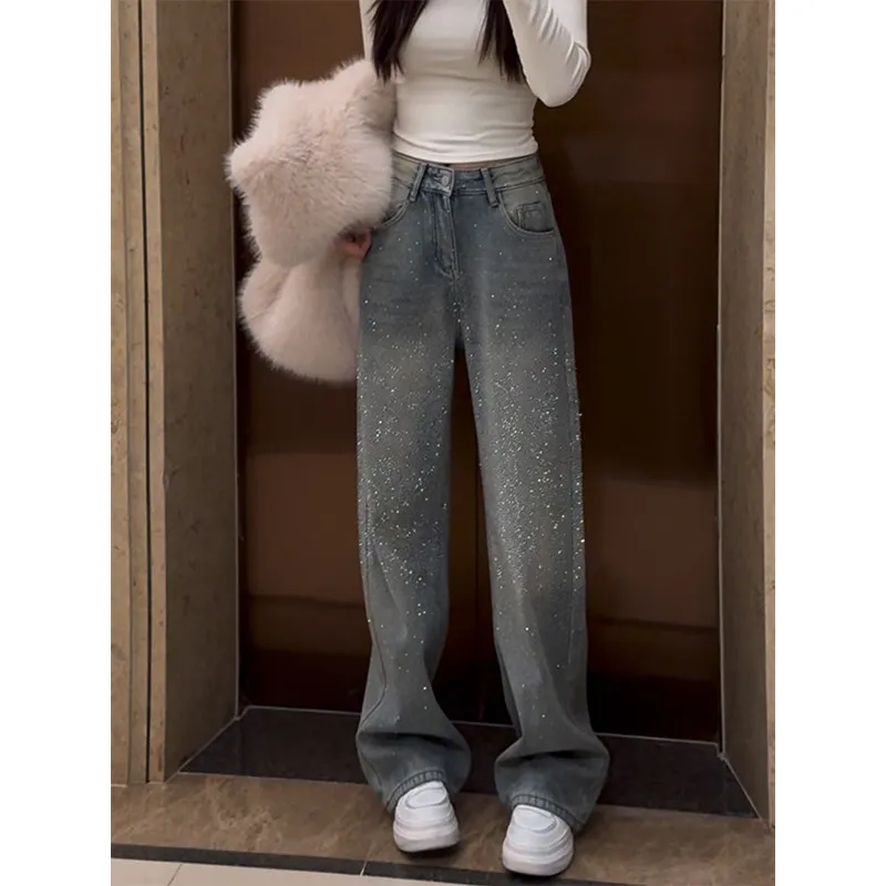 

Rhinestone Wide Leg Jeans Women's Loose Straight Floor-Length Pants Spring New Sle Versatile Casual High Waist Denim