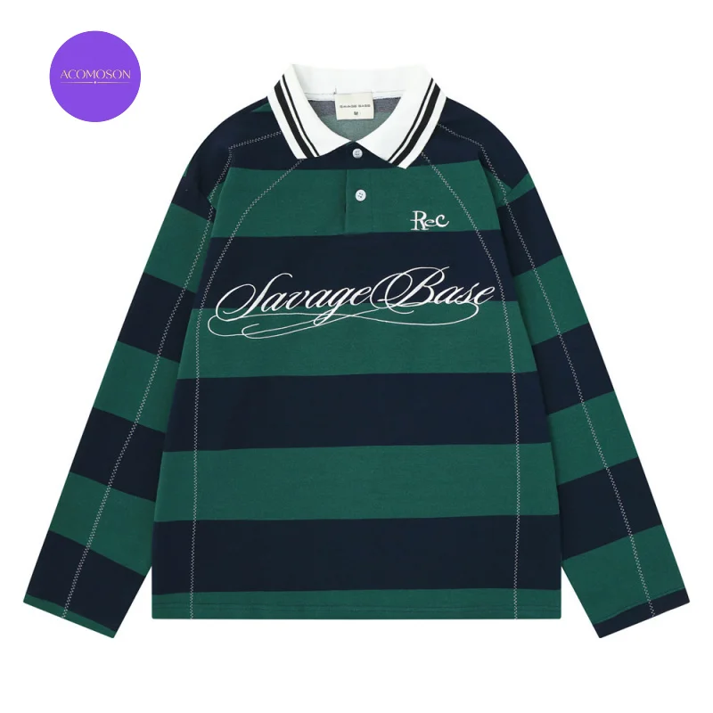 ACOMOSON Fall Vintage Casual Stylish Embroidery Polo Shirt Color-Blocked Striped Long-Sleeve Polo Shirt For Men