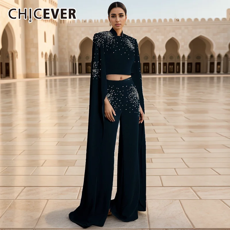 

CHICEVER Temperament Women's Two Pieces Set O Neck Long Sleeve Spliced Diamond Tops High Waist Wide Leg Trousers Sets Female New