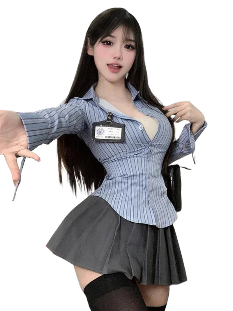 

Summer Fashion Women's 2024 New Academy Style JK Uniform Fold Collar Cute Girl Sweet and Fresh Stripe Tight Elegant Dress RAWQ