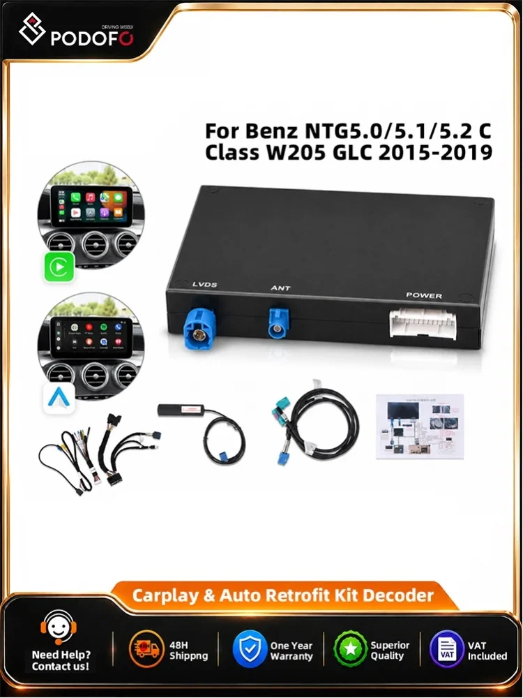 Podofo Wireless CarPlay Android Auto passend für Benz NTG5.0/5.1/5.2 C-Klasse W205 GLC 2015-2019 Nachrüstkit Decoder unterstützt Rückfahrkamera