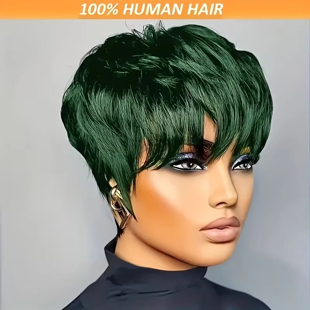 Parrucca corta con taglio pixie Parrucche per capelli umani lisci verdi Capelli brasiliani con frangia pre pizzicata per donne Capelli umani al 100% realizzati a macchina
