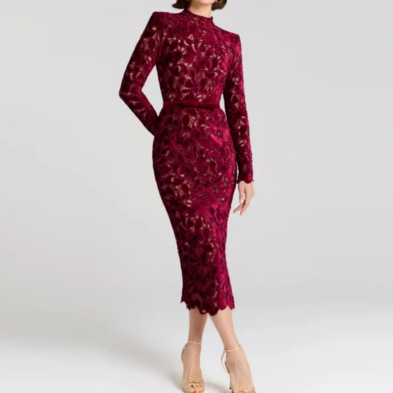 

Новое весенне-летнее платье с вырезами, длинными рукавами, жаккардовое, с завышенной талией, элегантное, с кружевной вышивкой, однотонное, для торжественных мероприятий