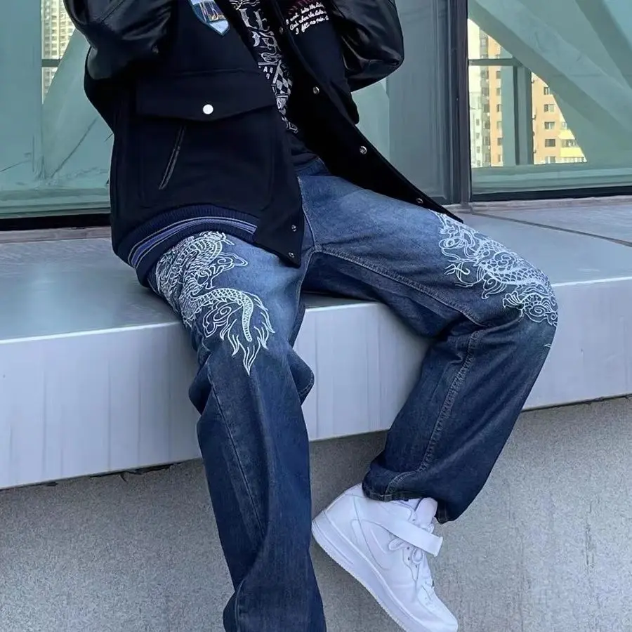 American niche original new trousers embroidered dragon pattern jeans loose Korean style casual college style retro y2k pants