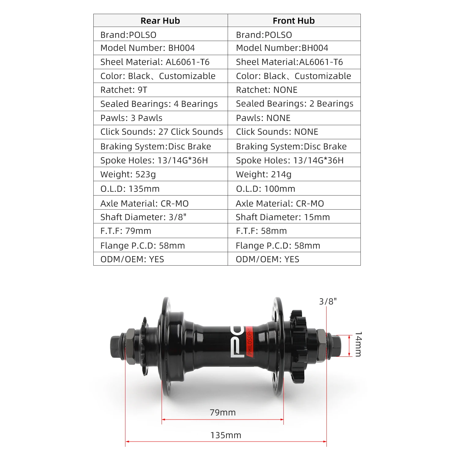 POLSO BMX Dirt Jump Hub 9T Front and Rear Bike Hubs 36 Holes Aluminum Alloy Bicycle Parts