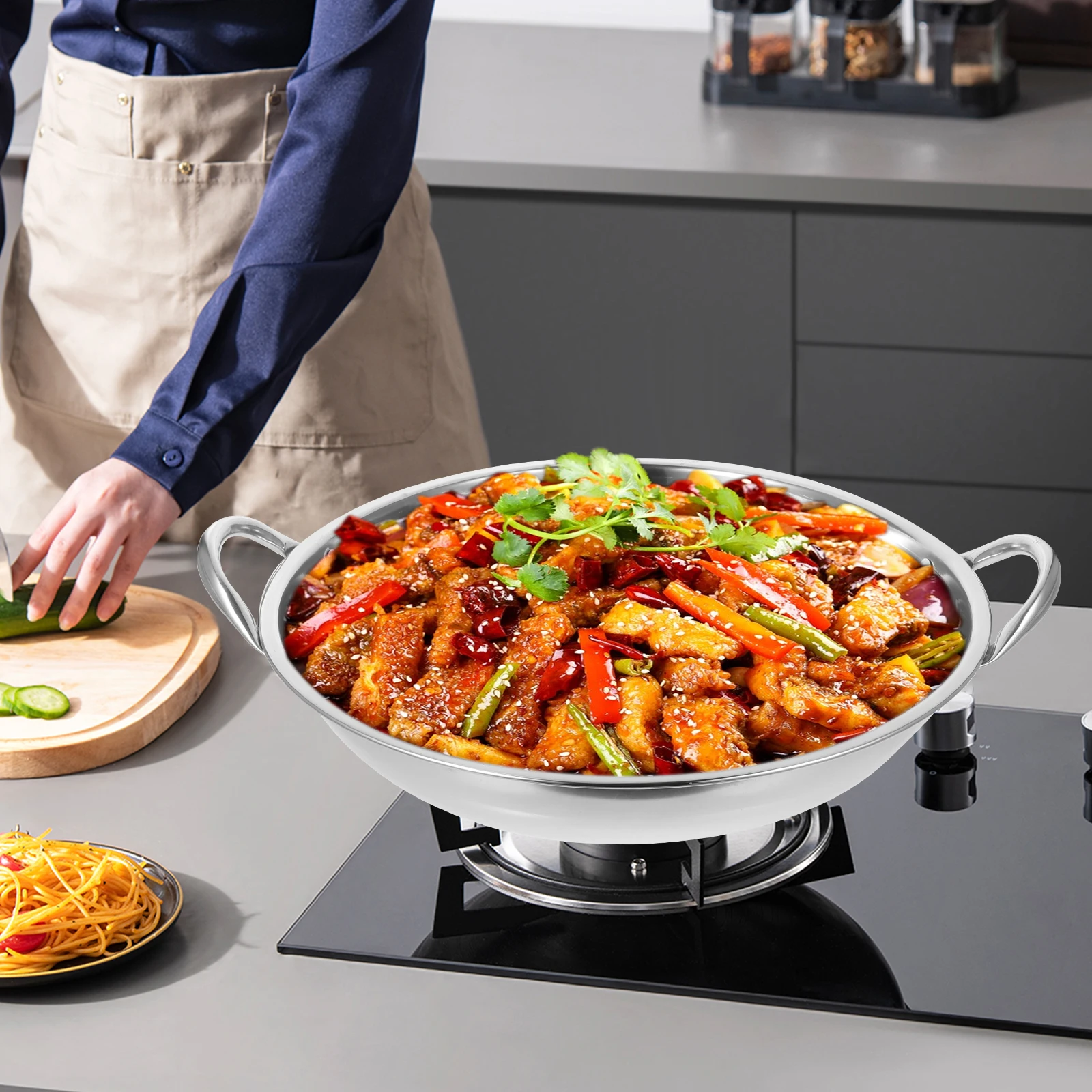 

Stainless Steel Anti Overflow Durable Heat Resistant Double Handle Cooking Pan Seafood Hotpot Spicy Dry Pot Large for Outdoor
