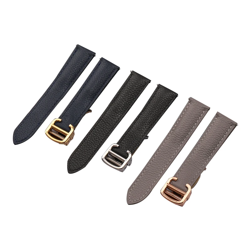 Lichee Pattern Genuine Leather Watch Strap for Cartier Tank London Solo 16 17 20 22 23mm Men Women Steel Fold Buckle Watchbands