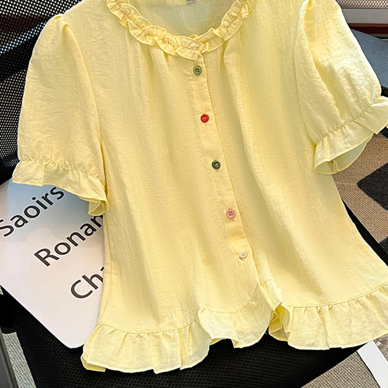 Fashion Women Ruffled O Neck Blouse Sleeve Summer Single Breasted Slim Top Korean Cute Ladies Top