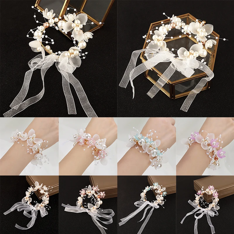 Pearl Crystal Wrist Corsage Wedding Bridesmaid Bracelet Wrist Hand Flower Marriage Girls Jewelry Party Girls Jewelry Decoration