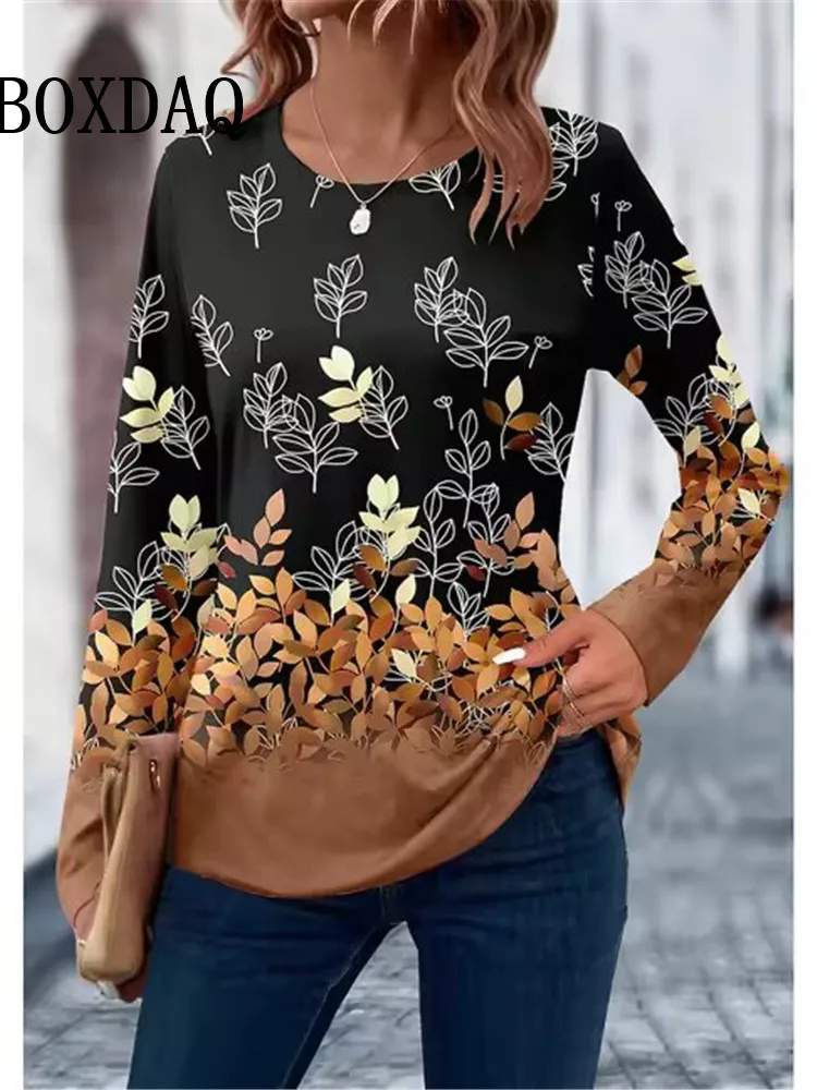 2024 camiseta feminina impressão 3d floral folha design manga longa casual diário fim de semana moda topo solto o-pescoço primavera outono roupas