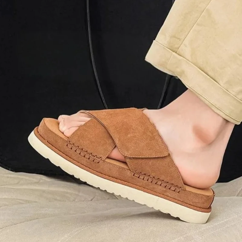 

Leisure Male Summer Wearing Outside Platform Height Increase Footwear Fashion Open Toe Slip on Breathable Solid Color Slippers