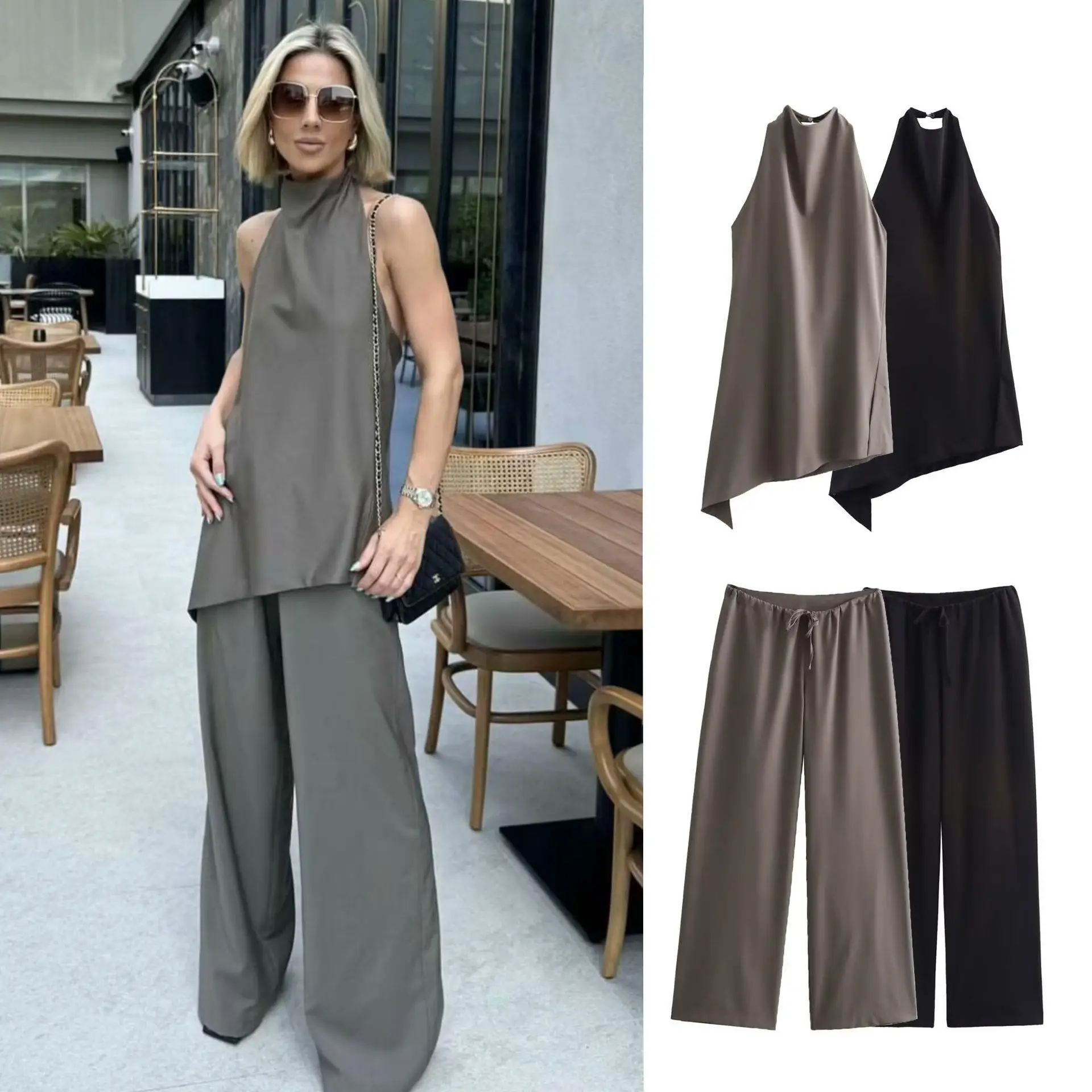 طقم بلوزات وسراويل طويلة غير متماثلة مع ربطة عنق Ne Design ملابس نسائية عبر الحدود Cleanfit Sle #1