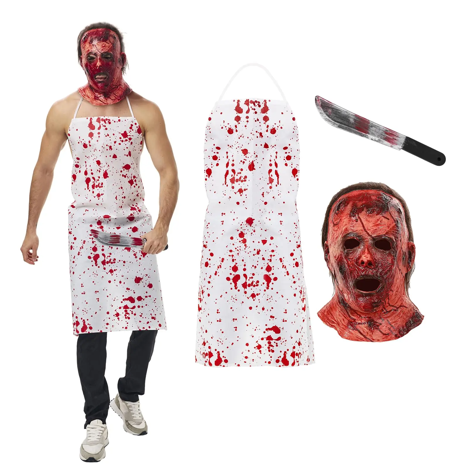 Bloody Butcher Costumes with Horror Zombie Mask for Scary Halloween Adult Creepy Killer Cosplay with Apron Knife