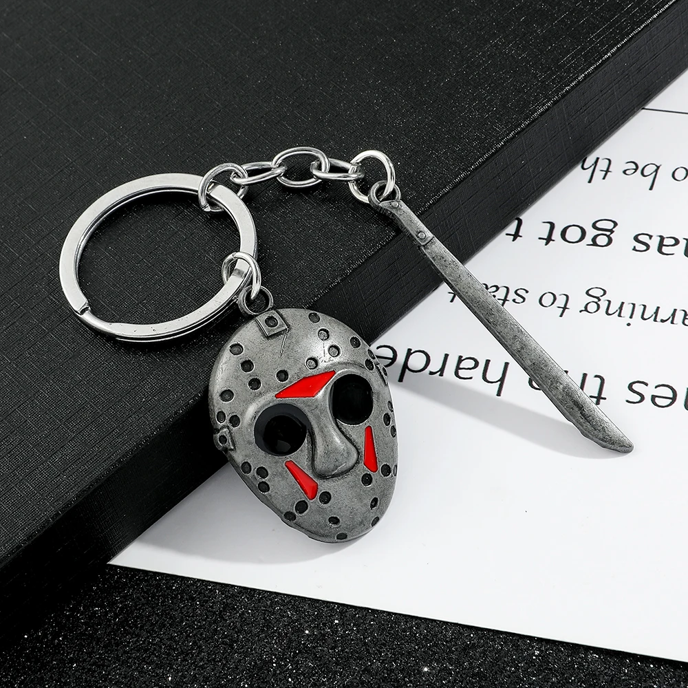 Horror Killer Keychain with Jason Hockey Mask Machete Design Metal Keyring for Children Halloween Cosplay Props Unisex