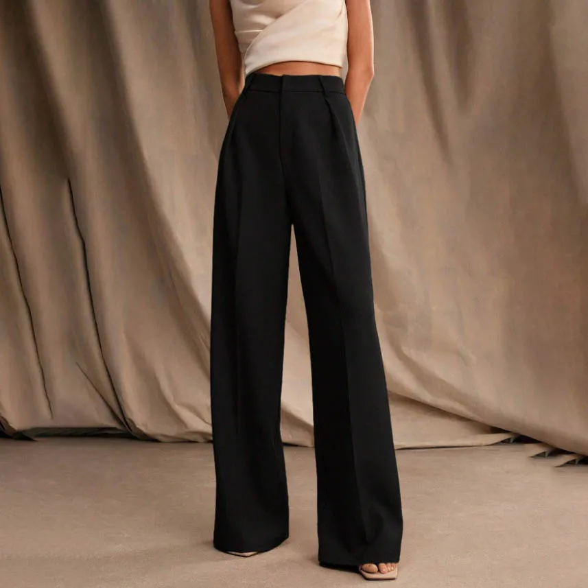 Womens High Waist Draped Wide Leg Pants Polyester Casual Straight Leg Trousers for Spring Summer Autumn Winter