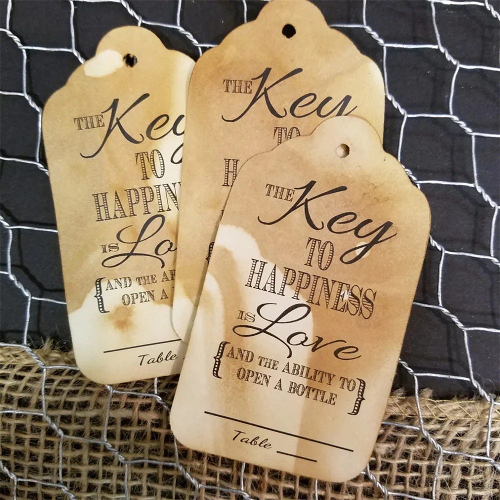 Key to happiness is Love and the ability to open a bottle Large Tags Guest Tags with table number line Choose your Quantity