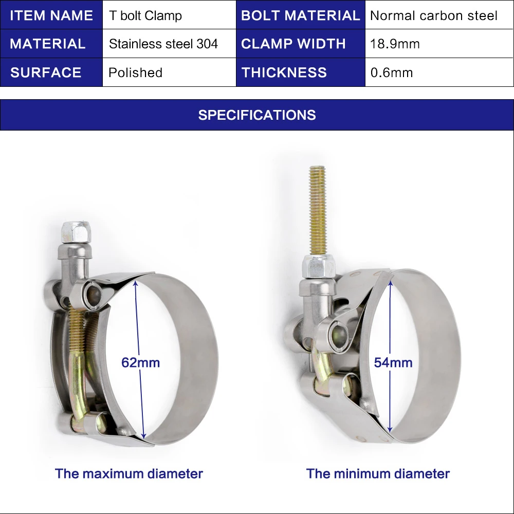 1 Pair SS304 CLAMPS 2" INCH 54MM-62MM STAINLESS SILICONE TURBO HOSE COUPLER T BOLT CLAMP KIT  Car Accessories LZ5250