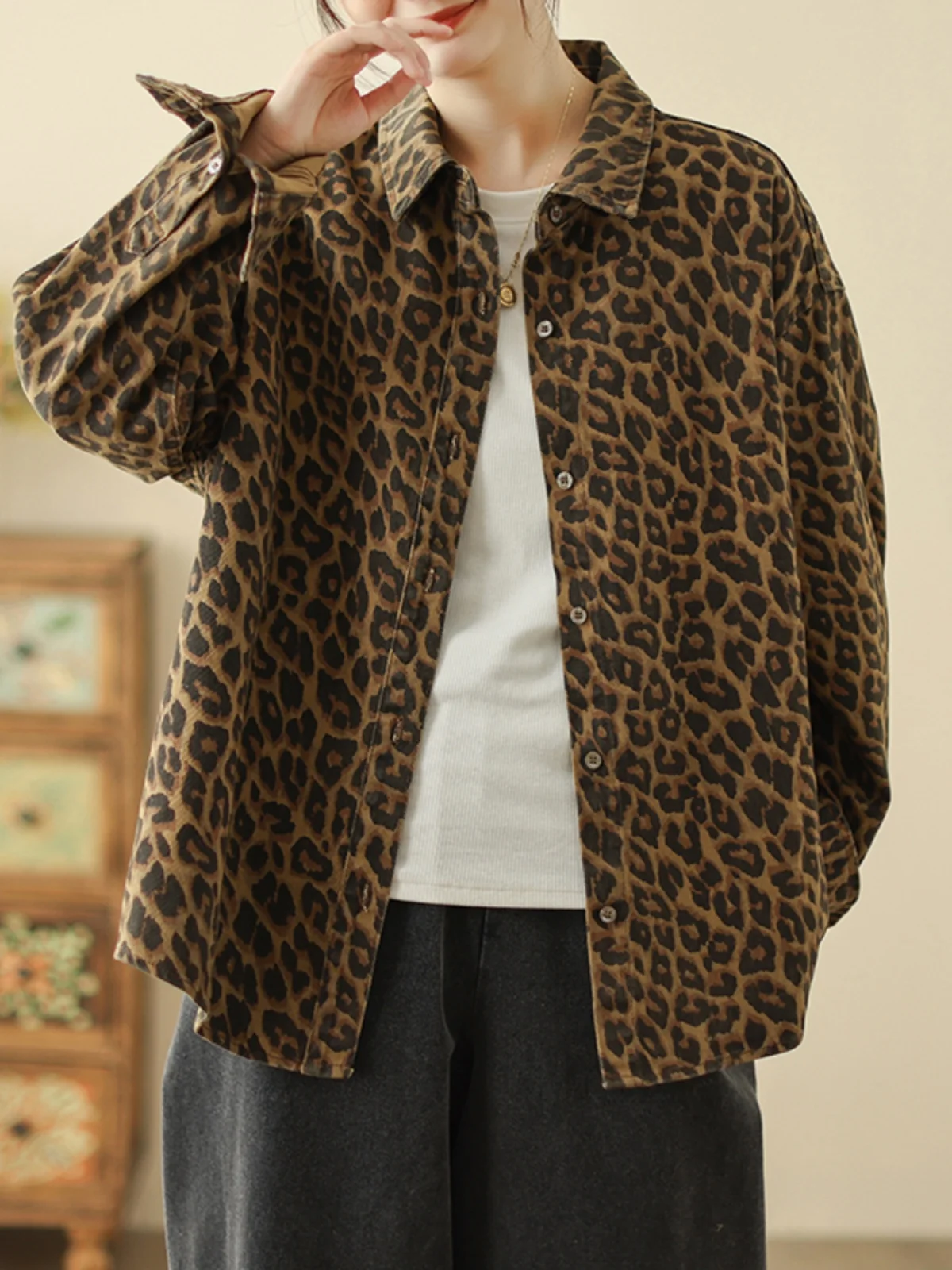 Coupe ample imprimé léopard irt femmes grande taille printemps nouveau Sle Faion vêtements d'extérieur coton Long Sve Henry col mi-long