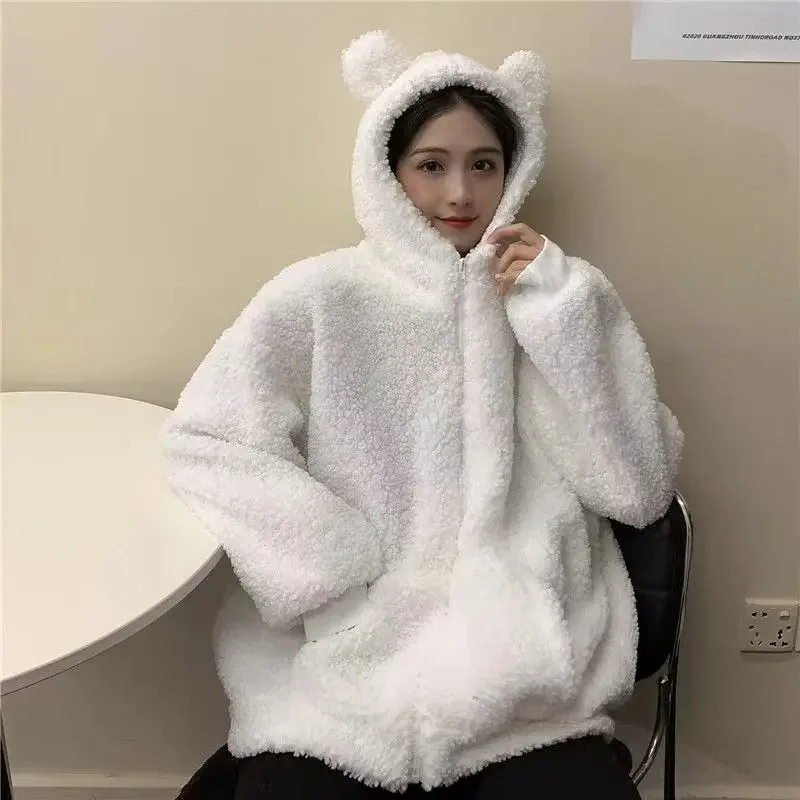 Faux Fur Long Sleeve Hooded Teddy Bear Ears Soft Hoodies White Autumn Winter Women Green Beige Zip-up Sweatshirt Kawaii Fleece