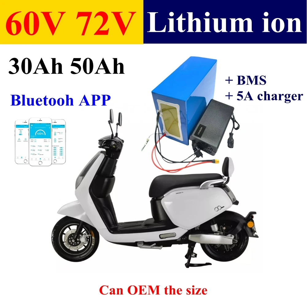 

60/72V30Ah 50Ah литий-ионный аккумулятор Bluetooth BMS APP для скутера 1800 Вт 3000 Вт 5000 Вт 7000 Вт, мотоцикла, трехколесного велосипеда EV + зарядное устройство