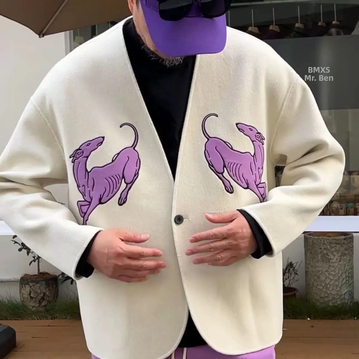 

Красная универсальная мужская куртка без воротника из двусторонней шерсти с вышивкой в стиле ретро, оригинальная модель