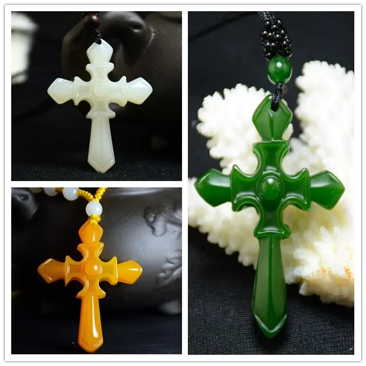 

Chinese green Jade Cross Pendant Necklace Jewellery Fashion Hand-Carved Relax Healing Man Women Luck Gifts Amulet Free Rope