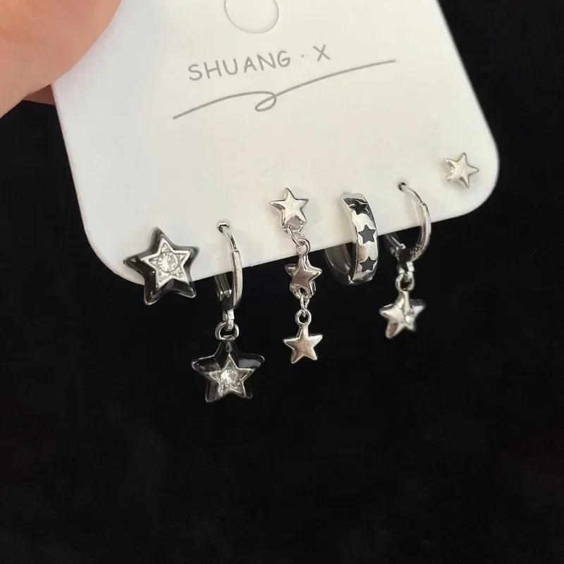 

6PCS Set Silver Color Star Dangle Earrings Vintage Metal Geometric Drop Earring for Women Fashion Trendy Goth Jewelry