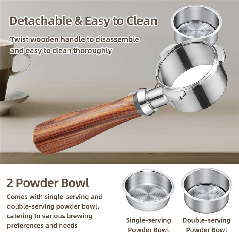 LITE-3 이어스 바텀리스 포르타 필터(파우더 트레이 2개 포함), 스테인레스 스틸 체 목재 + 스테인레스 스틸 1세트