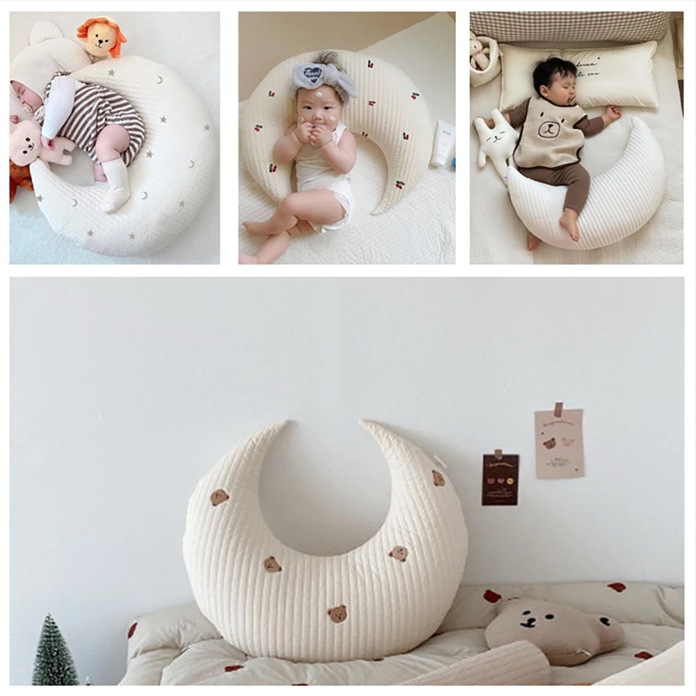 

Pillow For Baby Cherry Embroidery Soft Nursing Newborn Baby Head Cushion Crib Bumper Moon Shape Decorative Breastfeeding Pillow