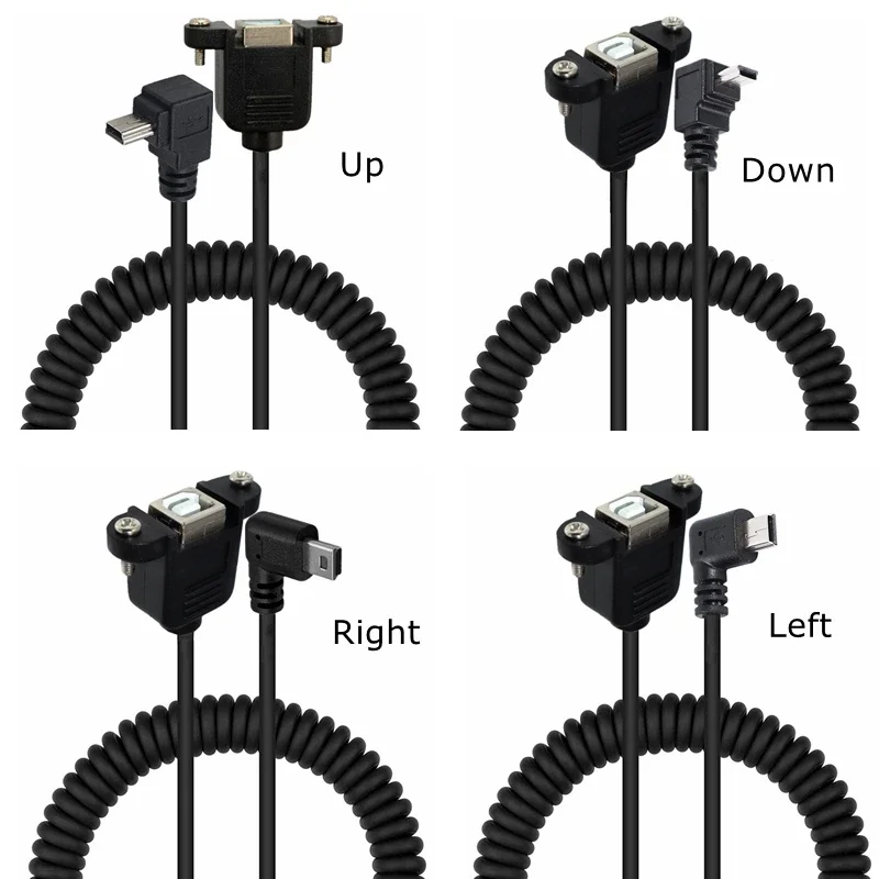 ฤดูใบไม้ผลิ Mini USB 5pin ชายข้อศอก USB 2.0 B ประเภทหญิงพร้อมแผง Mount Hole ยืดขดสาย 1.5 m