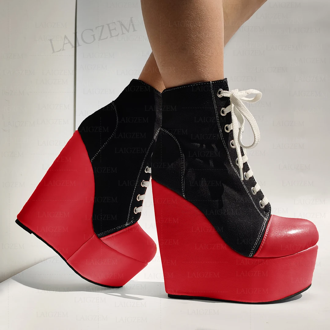 SEIIHEM Women Ankle  Boots Platform Wedges Lace Up Patchwork Round Toe Height Increase Ladies Shoes Woman Big Size 41 43 50 52