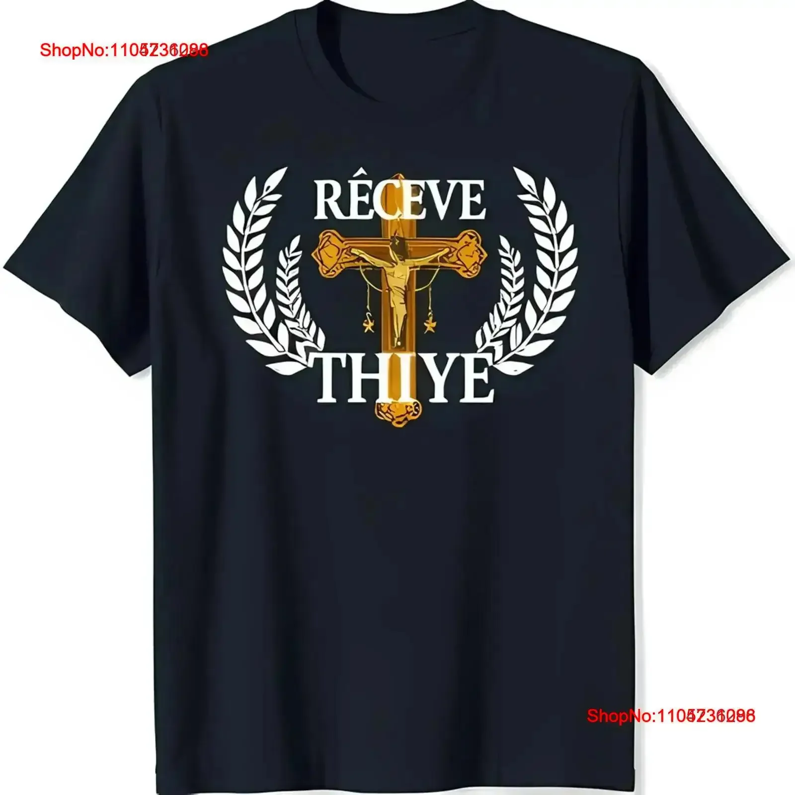 

Black T Shirt with 'Receive Thy' Inscription Golden White Laurel Wreaths vintage Washed Comfortable Slightly designer clothes