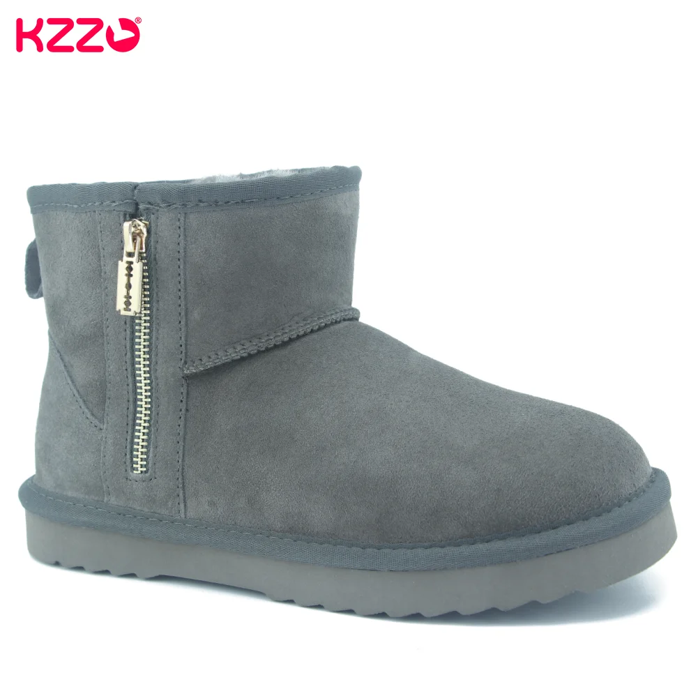 KZZO Australia Classic Winter Short Snow Boots With Zipper Men Sheepskin Leather Natural Wool Lined Ankle Warm Shoes Size 38-48