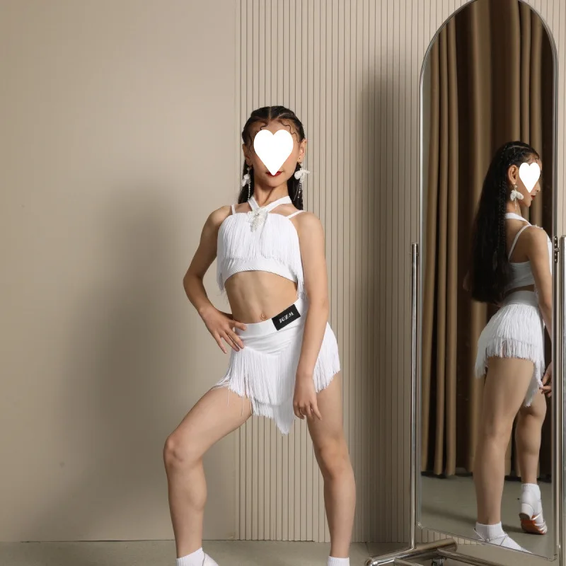 Детский костюм для латинских танцев, костюм для танцевальной практики, белая юбка с кисточками для выступлений