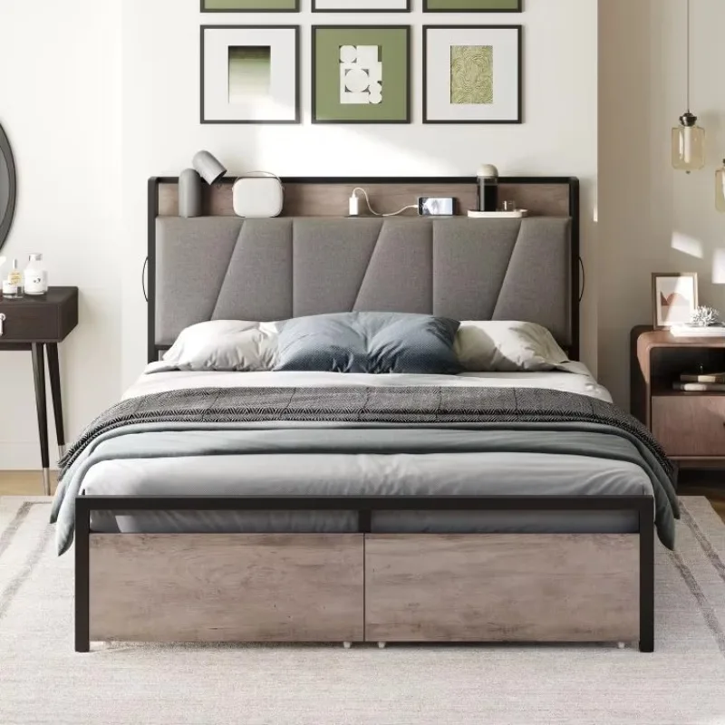 

#c Upholstered Headboard with Drawer, Heavy Duty Metal Bed Frame with Power Outlet