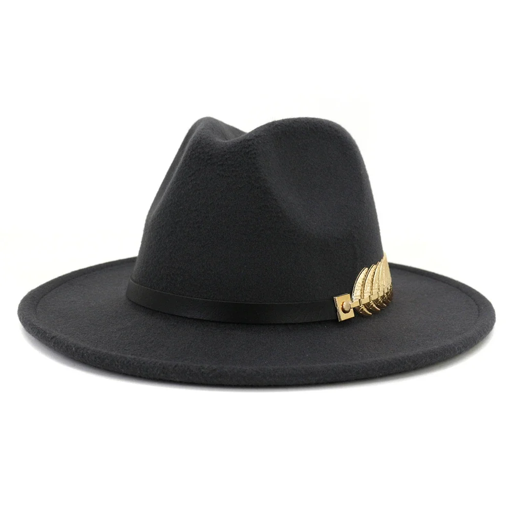 HOAREE Winter-Fedora-Hut, Armeegrün, für Damen, Trilby-Wollmütze mit goldenem Metallblattgürtel, breiter Krempe, Vintage-Jazzhut im britischen Stil