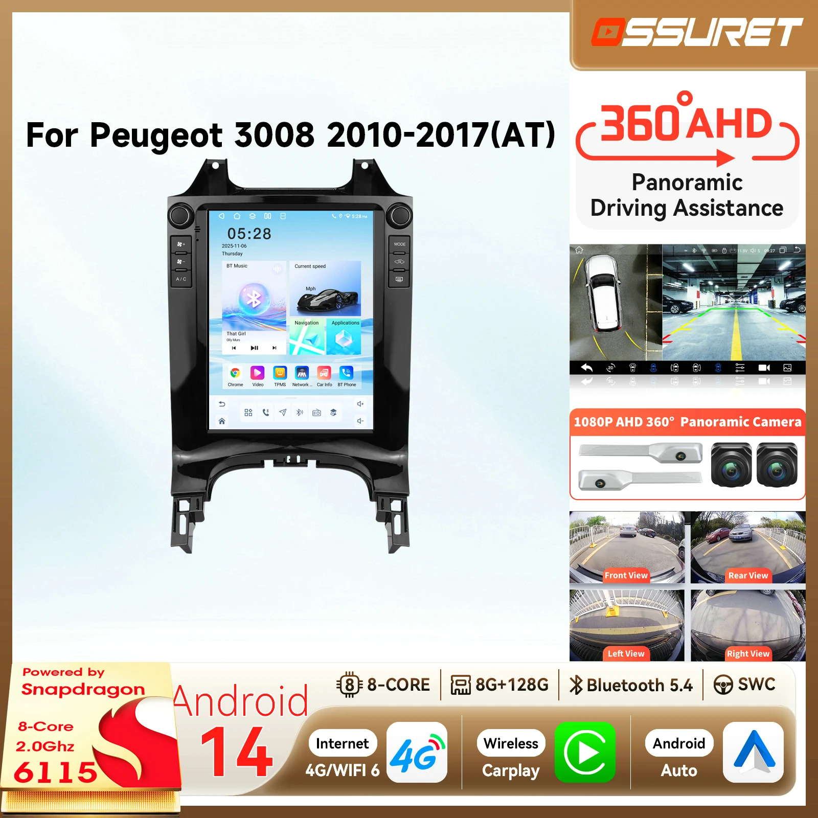 Lettore Multimediale Video per Auto Android 14 da 9,7" per Peugeot 3008 2010 - 2017, Autoradio GPS con Schermo per Telecamera 360° in Stile Tesla, Carplay