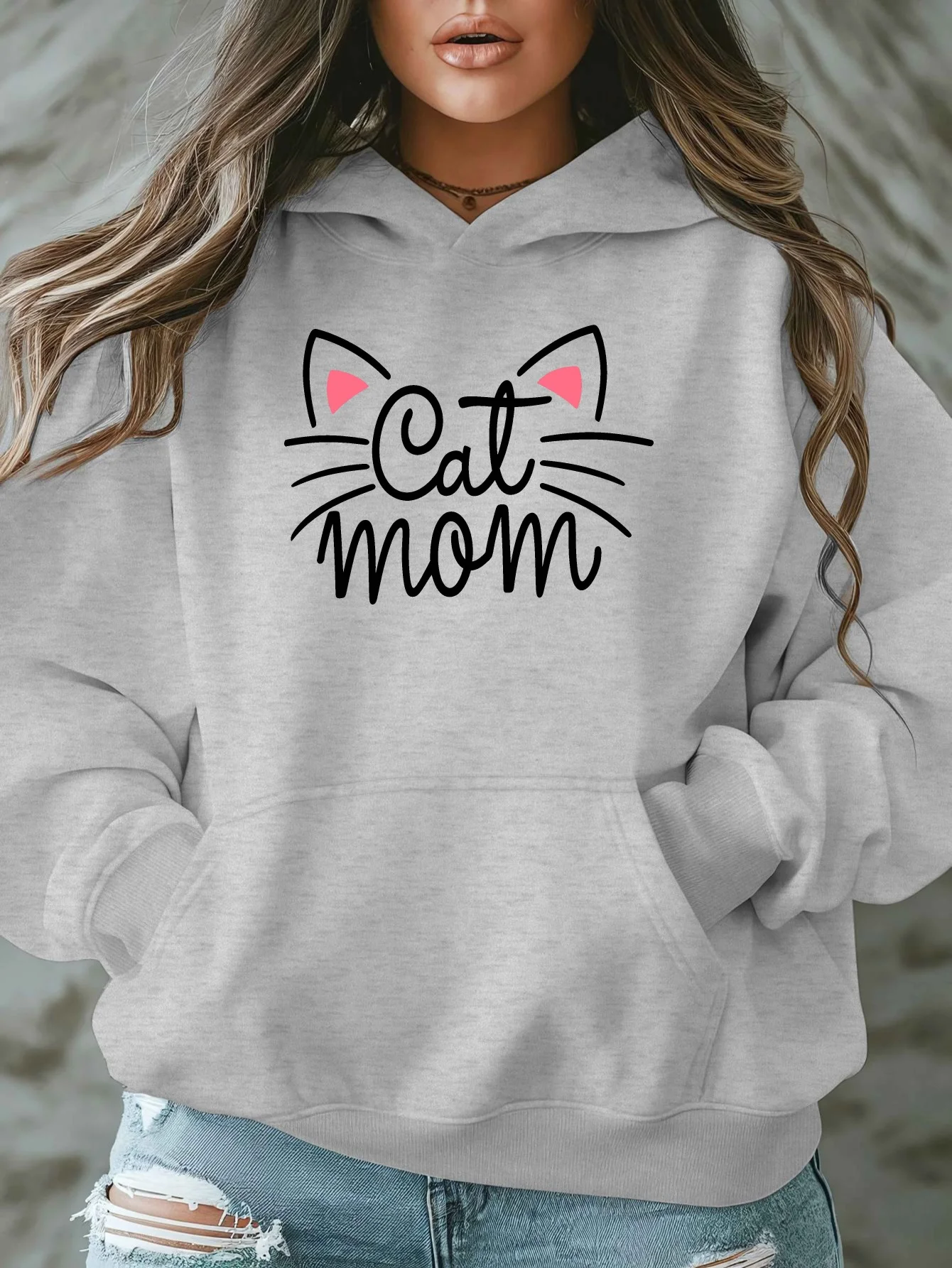 Women's Plus-size Casual Hooded Sweatshirt Cat Mom Pattern Design Autumn and Winter Fleece Streetwear Oversized Loose Casual